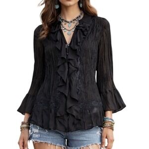 Alison Taylor Black Romantic Ruffle Lace Blouse Women's Large Boho Sheer